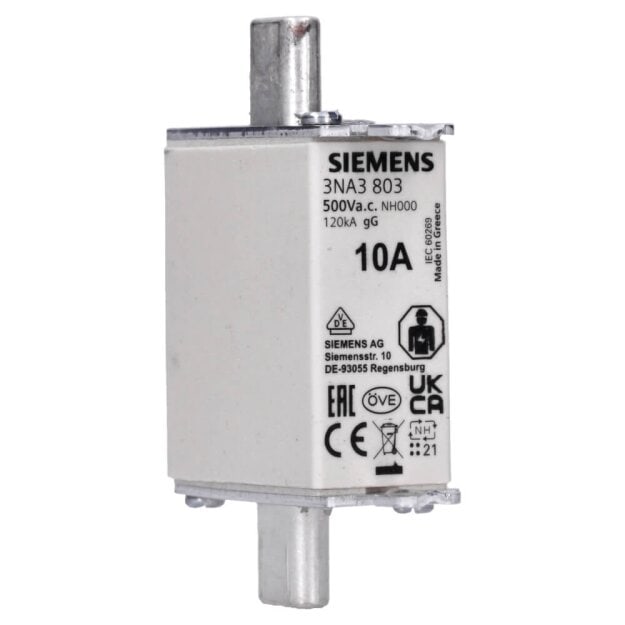 Siemens 3NA3803 NH-Sicherungseinsatz NH000 In: 10 A gG Un AC: 500 V Un DC: 250 V