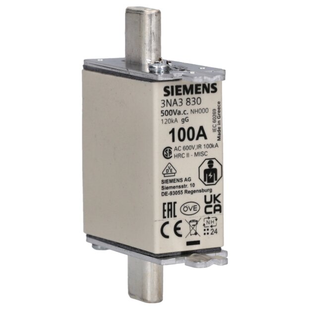 Siemens 3NA3830 NH-Sicherungseinsatz NH000 In: 100 A gG Un AC: 500 V Un DC: 250 V