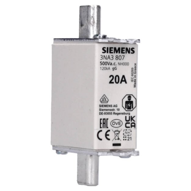 Siemens 3NA3807 NH-Sicherungseinsatz NH000 In: 20 A gG Un AC: 500 V Un DC: 250 V