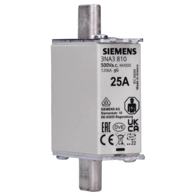 Siemens 3NA3810 NH-Sicherungseinsatz NH000 In: 25 A gG Un AC: 500 V Un DC: 250 V