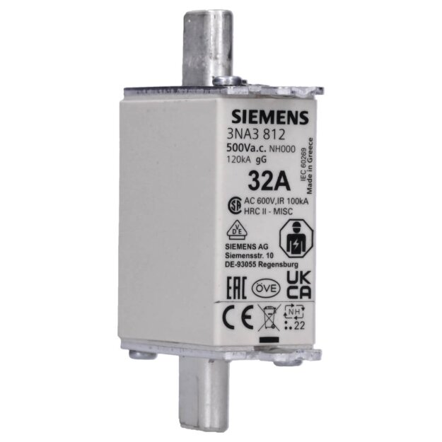 Siemens 3NA3812 NH-Sicherungseinsatz NH000 In: 32 A gG Un AC: 500 V Un DC: 250 V