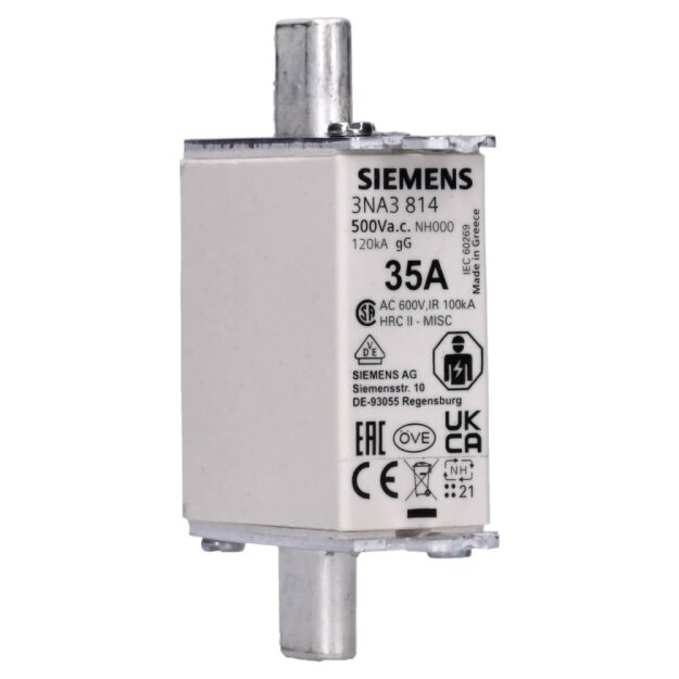 Siemens 3NA3814 NH-Sicherungseinsatz NH000 In: 35 A gG Un AC: 500 V Un DC: 250 V