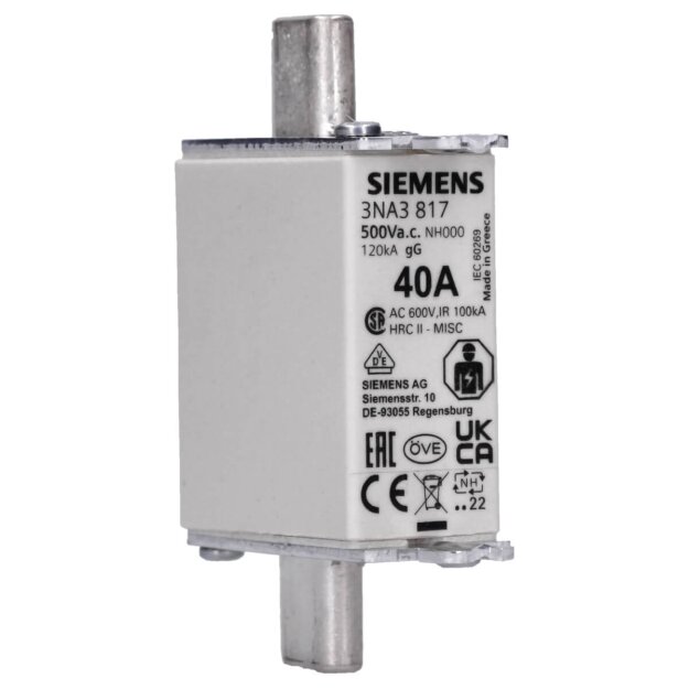 Siemens 3NA3817 NH-Sicherungseinsatz NH000 In: 40 A gG Un AC: 500 V Un DC: 250 V