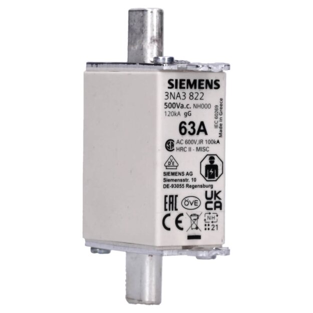 Siemens 3NA3822 NH-Sicherungseinsatz NH000 In: 63 A gG Un AC: 500 V Un DC: 250 V