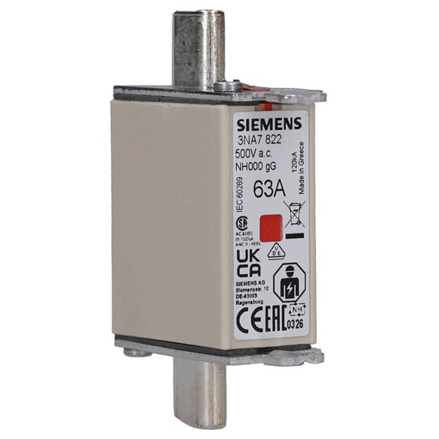 Siemens 3NA7822 NH-Sicherungseinsatz NH000 In: 63 A gG Un AC: 500 V Un DC: 250 V