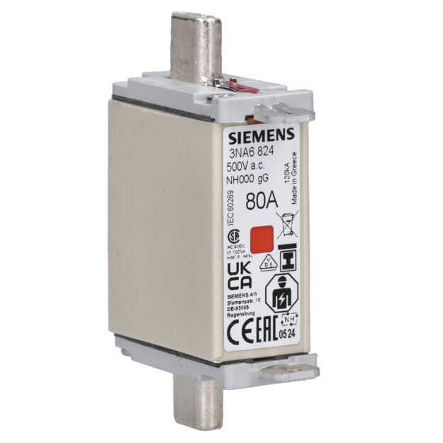 Siemens 3NA6824 NH-Sicherungseinsatz NH000 In: 80 A gG Un AC: 500 V Un DC: 250 V