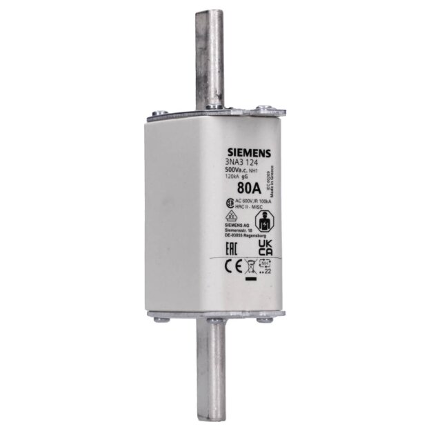 Siemens 3NA3124 NH-Sicherungseinsatz NH1 In: 80 A gG Un AC: 500 V Un DC: 440 V