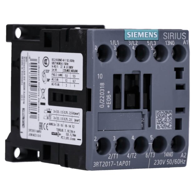 Siemens 3RT2017-1AP01 Schütz AC-3 12 A/5,5 kW/400V 3-polig AC 230V 50/60Hz 1S Schraubanschluss