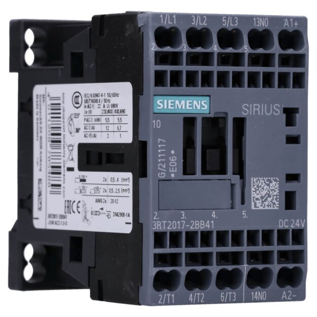 Siemens 3RT2017-2BB41 Schütz AC-3 12 A/5,5 kW/400V 3-polig DC 24V 1S Federzuganschluss