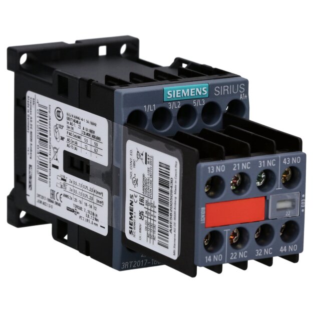 Siemens 3RT2017-1BB44-3MA0 Schütz AC-3 12 A/5,5 kW/400V 3-polig DC 24V 2S+2Ö Schraubanschluss