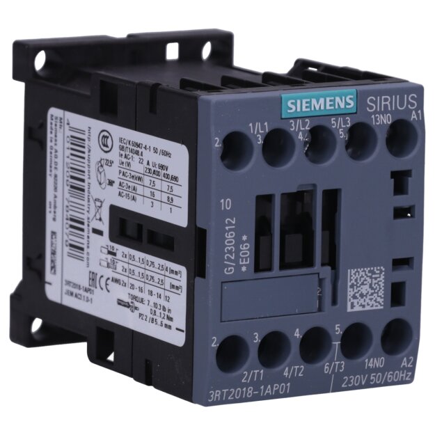 Siemens 3RT2018-1AP01 Schütz AC-3 16 A/7,5 kW/400V 3-polig AC 230V 50/60Hz 1S Schraubanschluss