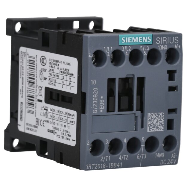 Siemens 3RT2018-1BB41 Schütz AC-3 16 A/7,5 kW/400V 3-polig DC 24V 1S Schraubanschluss