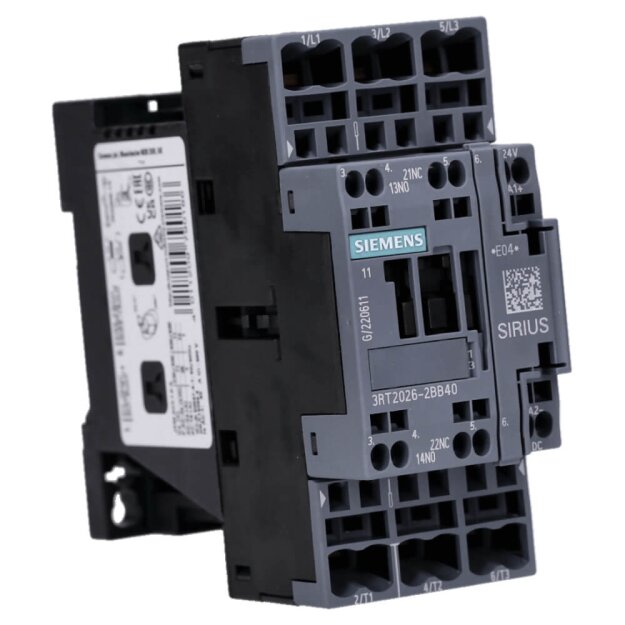 Siemens 3RT2026-2BB40 Schütz AC-3 25 A/11 kW/400V 3-polig DC 24V 1S+1Ö Federzuganschluss