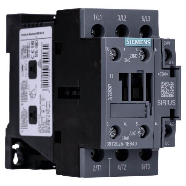 Siemens 3RT2026-1BB40 Schütz AC-3 25 A/11 kW/400V 3-polig DC 24V 1S+1Ö Schraubanschluss