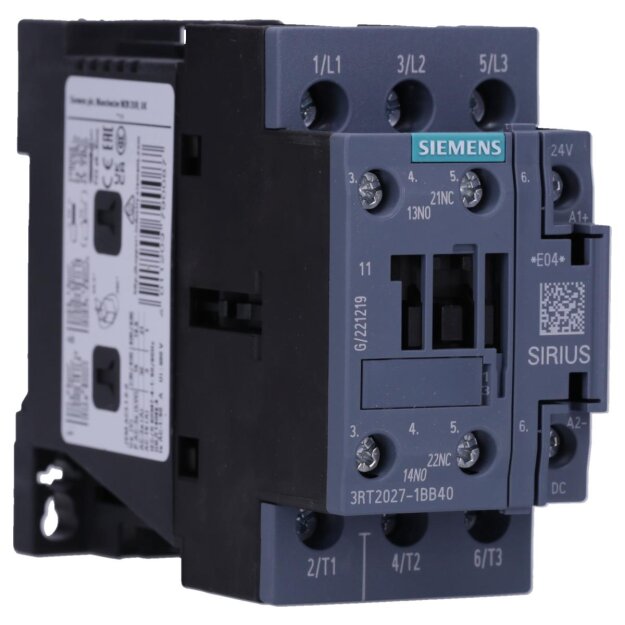 Siemens 3RT2027-1BB40 Schütz AC-3 32 A/15 kW/400V 3-polig DC 24V 1S+1Ö Schraubanschluss