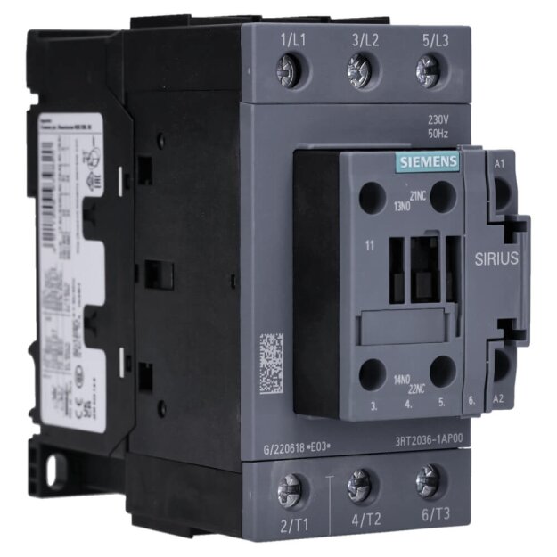 Siemens 3RT2036-1AP00 Schütz AC-3 50 A/22 kW/400V 3-polig AC 230V/50Hz 1S+1Ö Schraubanschluss
