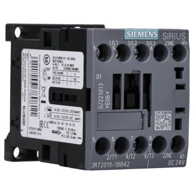 Siemens 3RT2015-1BB42 Schütz AC-3 7 A/3 kW/400V 3-polig DC 24V 1Ö Schraubanschluss