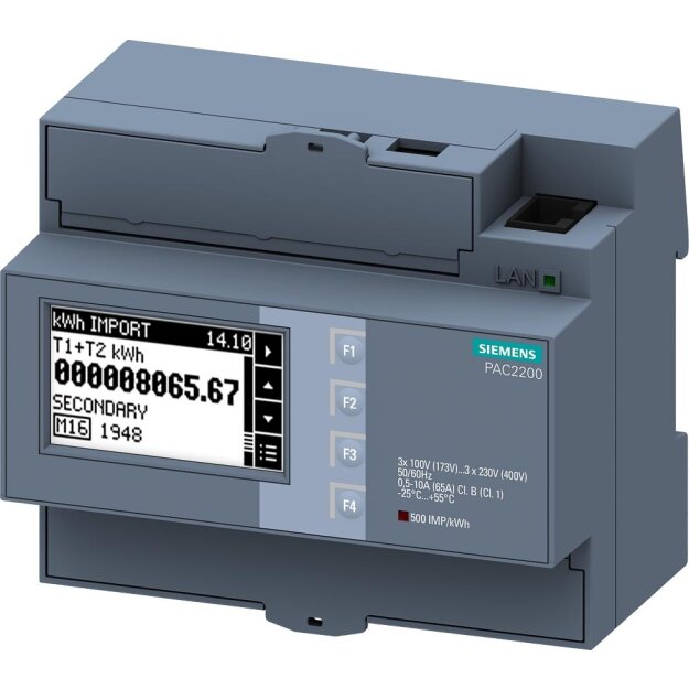 Siemens 7KM2200-2EA40-1JB1 SENTRON Messgerät PAC2200-CLP L-L:400V L-N:230V 65A direkt Hutschienengerät 6TE 3-phasig LAN Schnittstelle Modbus-TCP LCDisplay MID Zulassung Sc