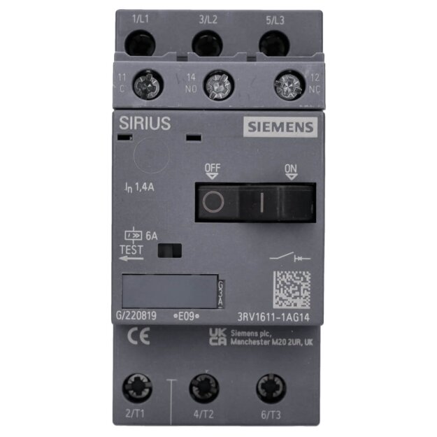 Siemens 3RV1611-1AG14 Spannungswandler-Schutzschalter S00 1,4A N-Auslöser 6A querliegendem Hilfsschalter 1W