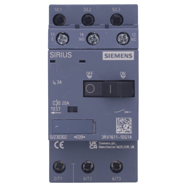 Siemens 3RV1611-1DG14 Spannungswandler-Schutzschalter S00 3A N-Auslöser 20A querliegendem Hilfsschalter 1W