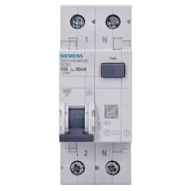 Siemens 5SU13566KK25 FI/LS-Schalter, 6 kA, 1P+N, Typ A, 30 mA, B-Char, In: 25 A, Un AC: 230
