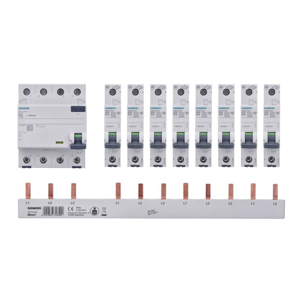 Siemens Set 1x FI-Schalter 5SV3344-6 + 8x LS-Schalter 5SL6116-6 + 1x Sammelschiene 5ST3624