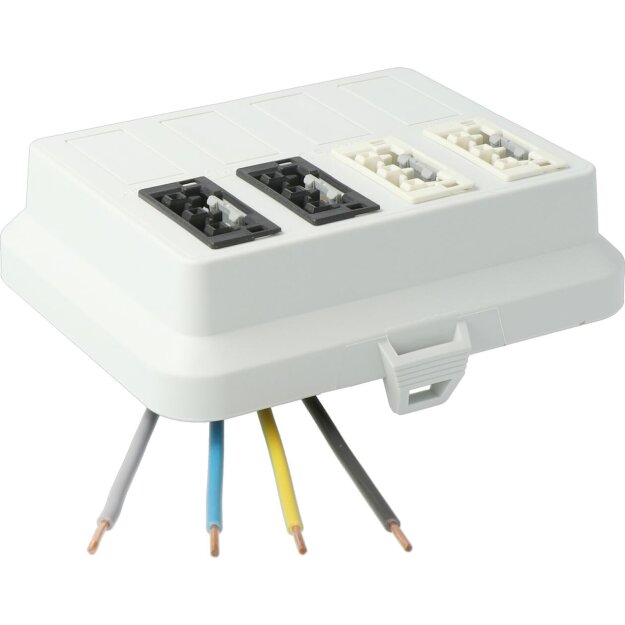 Kaiser AT7707 Steckbar Frontteil AK2, WAGO WINSTA MIDI in:4pol H07V-U, out:je 2x3pol swL1/ wsL2 125x100x42 mm, lichtgrau