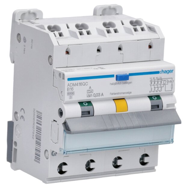 Hager ADM416QC Fehlerstrom-Leitungsschutzschalter 4-polig 6kA B-16A 30mA Typ A QuickConnect/QuickBusbar
