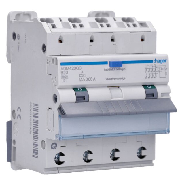 Hager ADM420QC Fehlerstrom-Leitungsschutzschalter 4-polig 6kA B-20A 30mA Typ A QuickConnect/QuickBusbar
