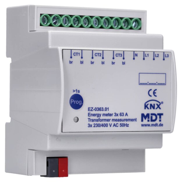 MDT EZ-0363.01 Energiezähler 3-fach 63 A Wandlermessung 4TE REG 230/400 V AC