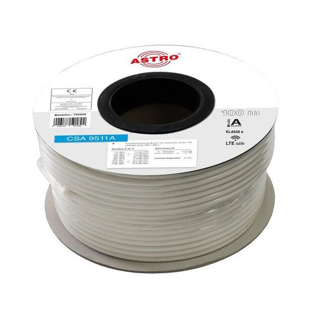 Astro CSA9511A/100 Koaxialkabel 3-fach geschirmt (2x AL-Folie + CuSn-Geflecht) 100 m Ring 1,13 mm massiver Kupferinnenleiter 6,9 mm Mantel PVC Weiß Class A+ 00750952