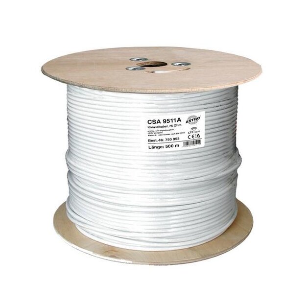 Astro CSA9511A/500 Koaxialkabel 3-fach geschirmt (2x AL-Folie + CuSn-Geflecht) 500 m Trommel 1,13 mm massiver Kupferinnenleiter 6,9 mm Mantel PVC Weiß Class A+ 00750953