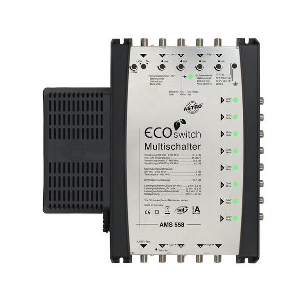 Astro AMS 558 ECOswitch Kaskadierbares Systembasisgerät für AMS 5er Ecoswitch-System 5 Eingänge für eine Satellitenposition plus Terrestrik 8 Teilnehmerausgänge 00360581