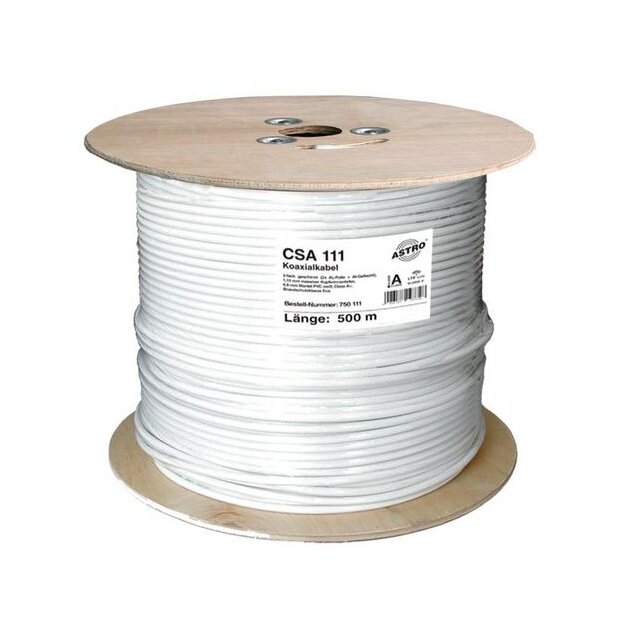 Astro CSA 111 / 500 Koaxialkabel 3-fach geschirmt (2x AL-Folie + AL-Geflecht) 500 m Trommel 1,13 mm 6,9 mm Mantel PVC weiß Class A+ Brandschutzklasse Eca 00750111
