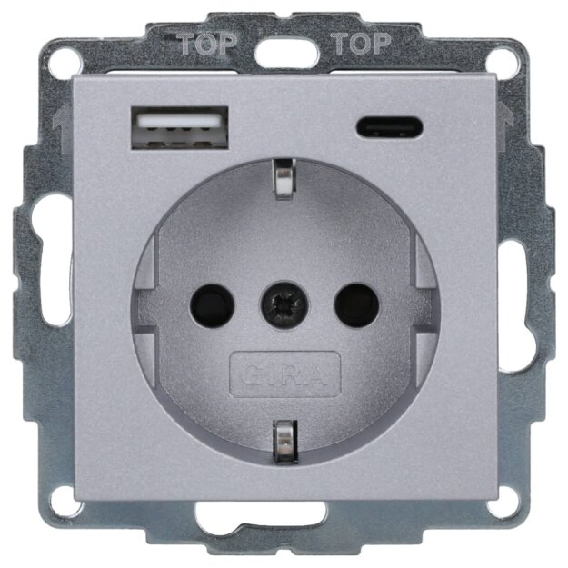 Gira 245926 Schuko mit Shutter USB-Spannungsversorgung 2-fach Typ A/C System 55 F Alu