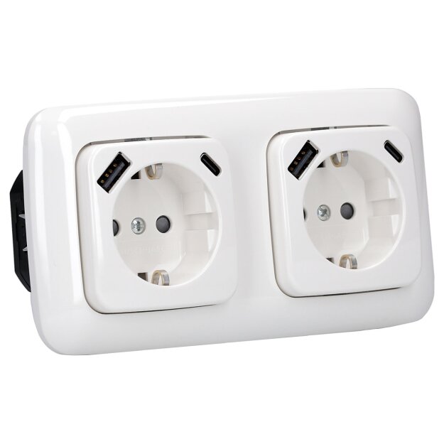 Busch-Jaeger Reflex SI USB Set: 2x SUSB-A+C Steckdose 20 EUCB2USBAC-214  + 2512-214 2-fach Rahmen, Alpinweiß