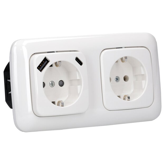 Busch-Jaeger Reflex SI Set: USB-A+C-Steckdose 20 EUCB2USBAC-214 + Schuko Steckdose 20 EUC-214 + 2-fach Rahmen 2512-214, Alpinweiß