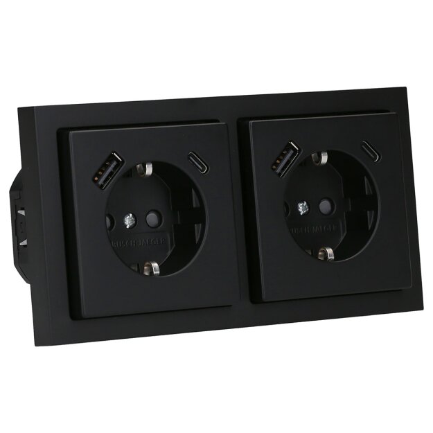 Busch-Jaeger Future Linear USB-Set : USB-A+C Steckdose 20 EUCB2USBAC-885 + 1722-885K 2-fach Rahmen, schwarz matt