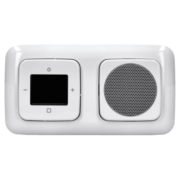 Busch-Jaeger Unterputz-Radio-Set:  8215 U-101 Busch-Radio DAB+ + 8252-214-101 Zentralscheibe für Busch-Radio DAB+ + 8223 U Lautsprecher-Einsatz + 8253-214 Zentralscheibe Lautsprecher, Alpinweiß Reflex SI