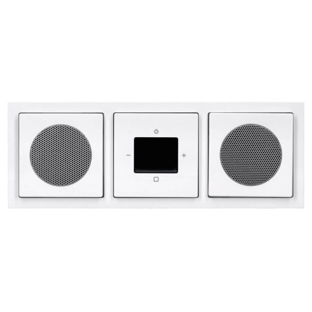 Busch-Jaeger Unterputz-Radio-Set: 8217 U-101 Busch-Radio BTconnect DAB+ + 8252-84-101 Zentralscheibe für Busch-Radio DAB+ + 2x 8223 U Lautsprecher-Einsatz + 2x 8253-84 Zentralscheibe Studioweiß carat® + 1723-184K future® linear-Abdeckrahmen 3-fach