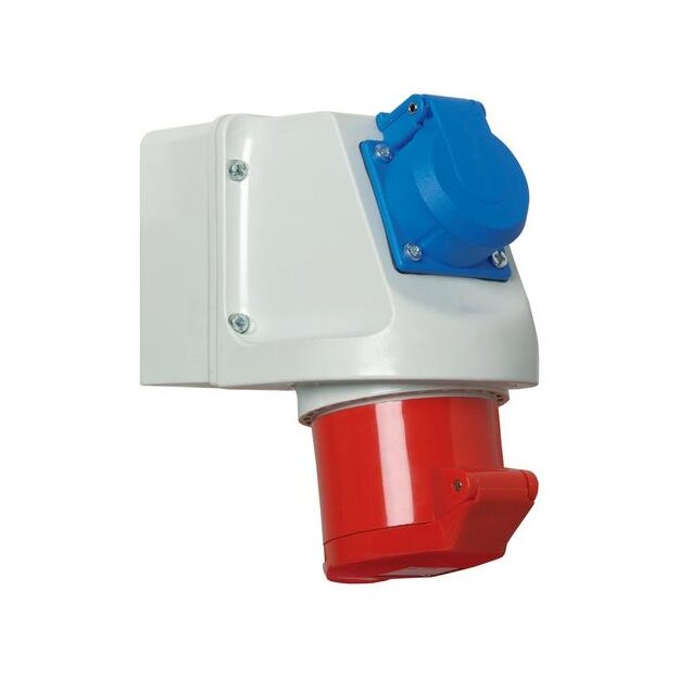 Walther 134 Mini-Kombi Wanddose 32A 5P 6h mit Schuko je 2 Kabeleinführungen oben/unten und ausbrechender Bodeneinführung 2 getrennte Zuleitungen erforderlich