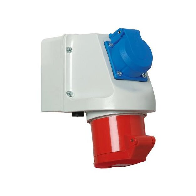 Walther 135 Mini-Kombi Wanddose 32A 5P 6h mit abgesicherten Schutzkontaktsteckdose je 2 Kabeleinführungen oben/unten und ausbrechender Bodeneinführung