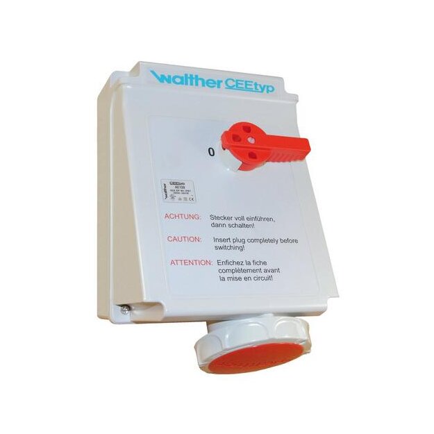 Walther AE169 Wasserdichte Wandsteckdose 63A 5P 6h mit 4-poligem Ausschalter mit Verriegelung