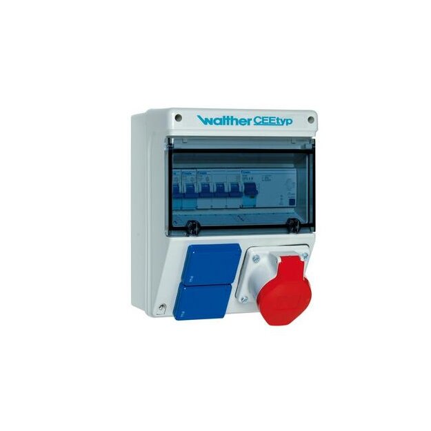 Walther 6920117 Kunststoff-Steckdosenkombination 32A mit einem RCD TypA 3 MCBs einem CEE-Abgang 16A 2 Schukos und Anschluss bis 25qmm 10P