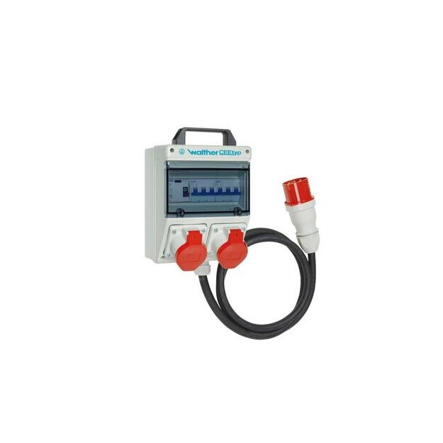 Walther 6920208 Kunststoff-Steckdosenkombination 32A mit einem RCD TypA 2 MCBs 2 CEE-Abgänge 16A und Anschluss über Leitung mit 32A Stecker