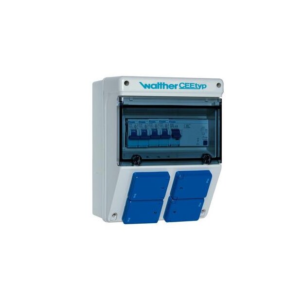 Walther 6920004 Kunststoff-Steckdosenkombination 40A mit einem RCD TypA 4 MCBs 4 Schukos und Anschluss bis 25qmm 10P
