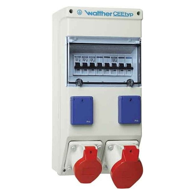 Walther 6983004 Kunststoff-Steckdosenkombination 63A mit 4 MCBs TypC 2 CEE-Abgänge 16-32A 2 Schukos und Klemmsatz K25 10P