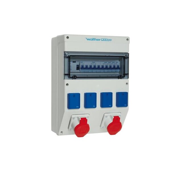 Walther 6820211 Kunststoff-Steckdosenkombination 40A mit einem RCD TypA 6 MCBs 2 CEE-Abgänge 16A 4 Schukos und Klemmsatz K25 10P