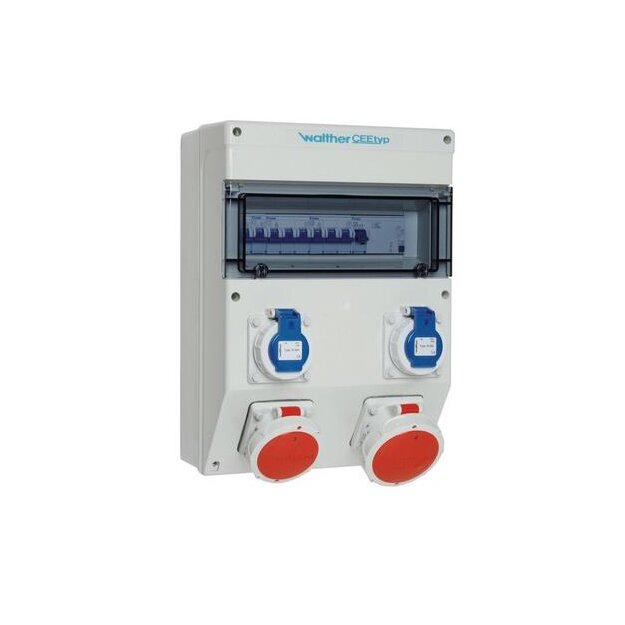 Walther 6823010X7 Wasserdichte Kunststoff-Steckdosenkombination 40A mit einem RCD TypA 4 MCBs 2 CEE-Abgänge 16-32A 2 Schukos und Klemmsatz K25 10P