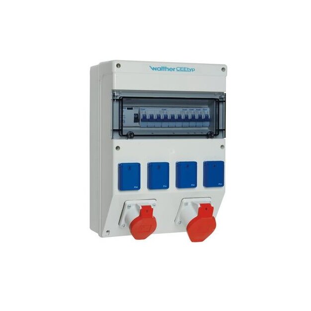 Walther 6823012 Kunststoff-Steckdosenkombination 40A mit einem RCD TypA 6 MCBs TypC 2 CEE-Abgänge 16-32A 4 Schukos und Klemmsatz K25 10P